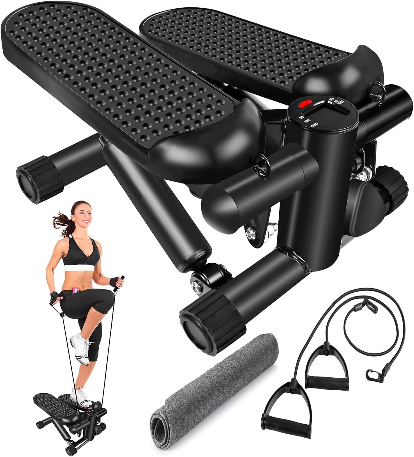 Mini Stepper with LCD, Stepper Stair Exercise Equipment with Resistance Bands& Calories Count,Steppers for Full Body Workout, black