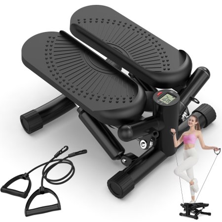 Mini Steppers for Exercise, Mute the Sound with Resistance Bands, 330lbs Loading Capacity, Digital Monitor, Optional Twist Motion for Home Fitness - Black