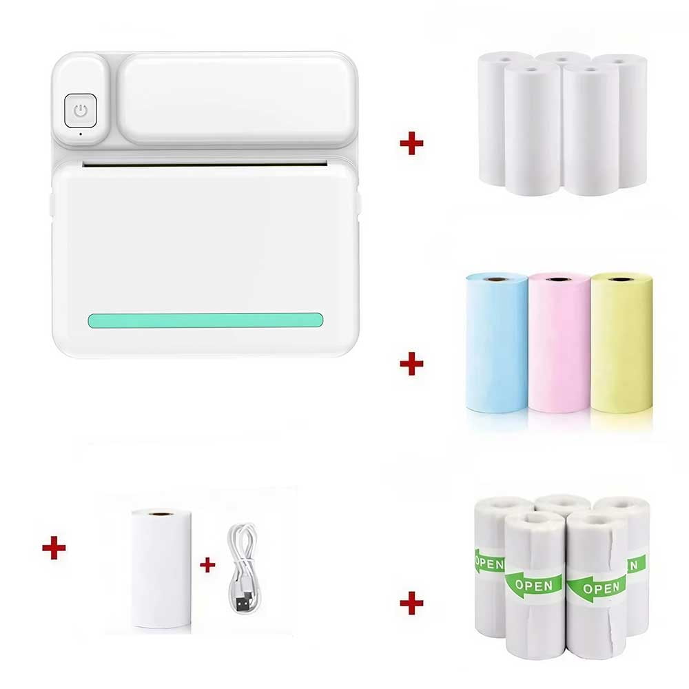 Mini Sticker Printer Bluetooth Portable Thermal Printer, Inkless Pocket Printer for Study Notes, Pictures, Photos, Journals, and Diaries - Includes 5 Rolls of Thermal Paper for Quick and Easy Printing