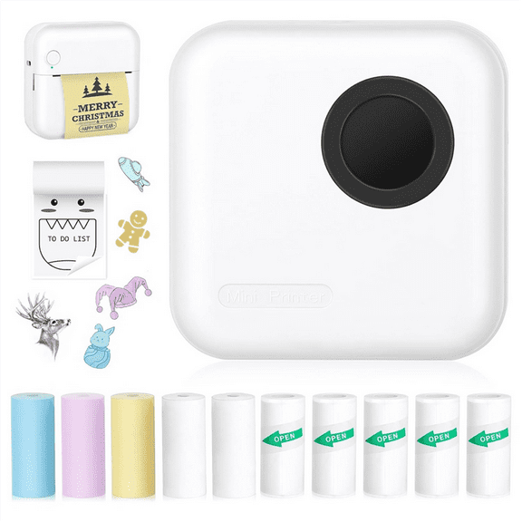 Mini Sticker Printer Bluetooth Thermal Printer with 10 Rolls and Stickers for Picture, Receipt, Notes, Black