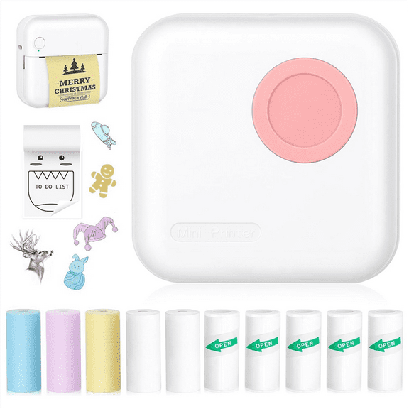 Mini Sticker Printer Bluetooth Thermal Printer with 10 Rolls and Stickers for Picture, Receipt, Notes, Pink