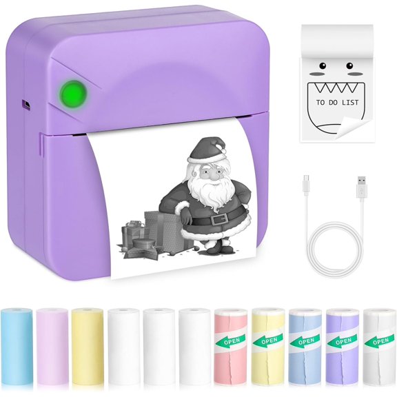 Mini Sticker Printer,Mini Pocket Thermal Printer with 11 Rolls Paper, Inkless Printer Compatible with Android & iOS,Portable Receipt Printer for Photo,Journal,Memo,Travel,Purple