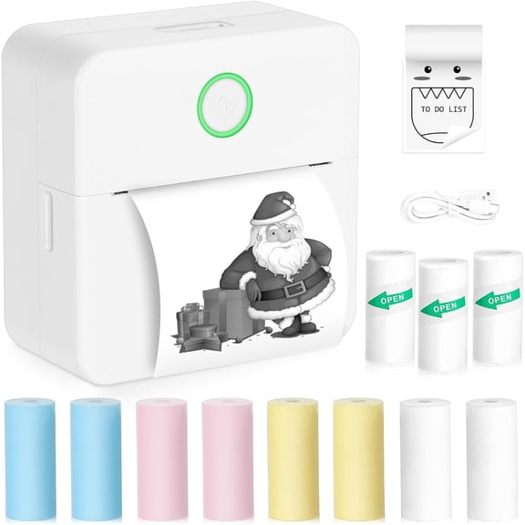 Mini Sticker Printer,Mini Pocket Thermal Printer with 11 Rolls Paper, Inkless Printer Compatible with Android & iOS,Portable Receipt Printer for Photo,Memo,Journal,Travel,White