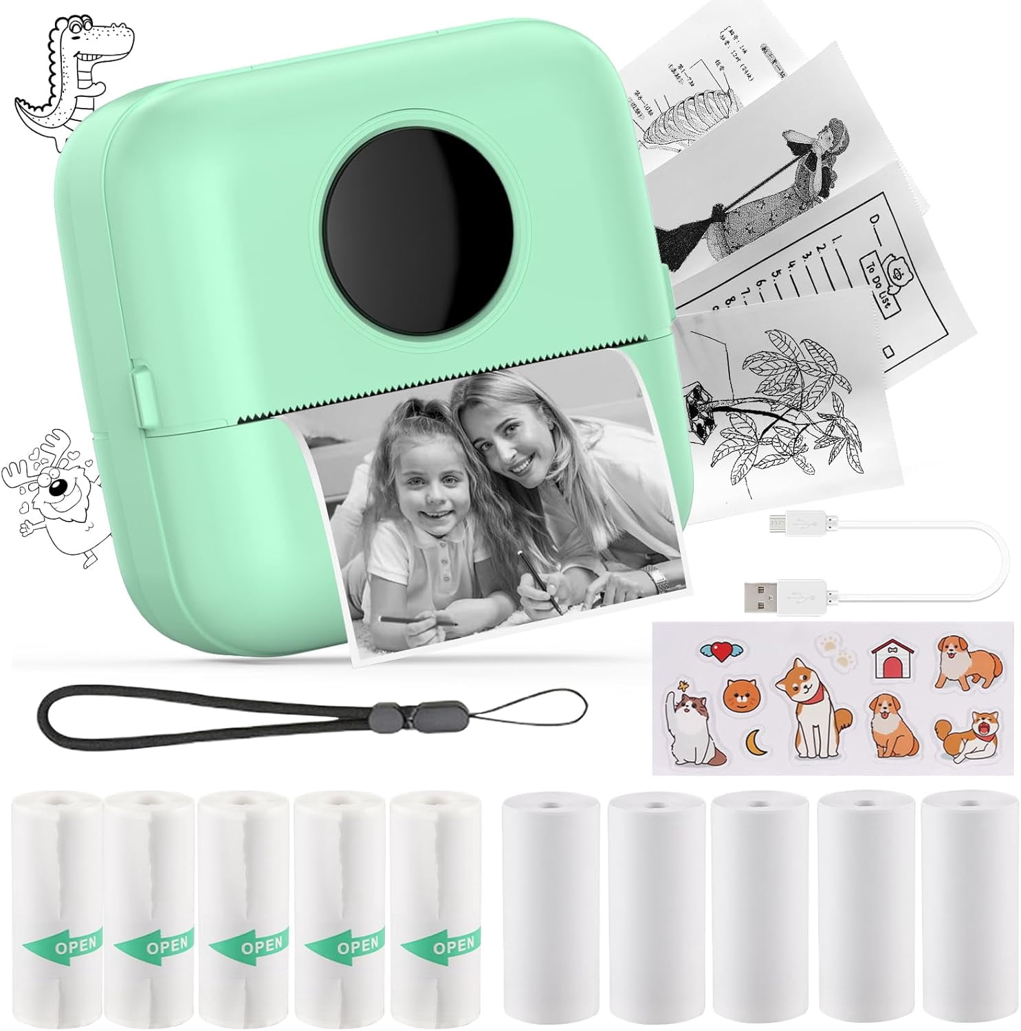 Sticker Mini Print Mini Sticker Printer Pocket Inkless Thermal with 11 Rolls Paper and for ...