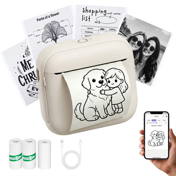 Mini Sticker Printer - Portable Thermal Pocket Label Maker with 3 Rolls Paper, Bluetooth Inkless Printpod for Study Notes, Photos, DIY Journals, Compatible with iOS Android