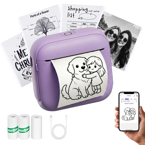 Mini Sticker Printer - Portable Thermal Pocket Label Maker with 3 Rolls Paper, Bluetooth Inkless Printpod for Study Notes, Photos, DIY Journals, Compatible with iOS Android