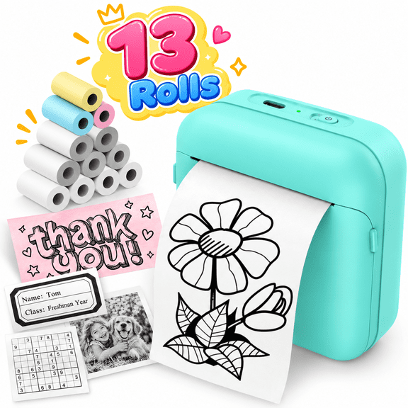 Mini Sticker Printer-Sticker Maker Machine for Kids | Portable Bluetooth Printpods with 13 Rolls Paper, Mini Thermal Printer Suitable for Creative DIY, Photos, Study Notes -Blue