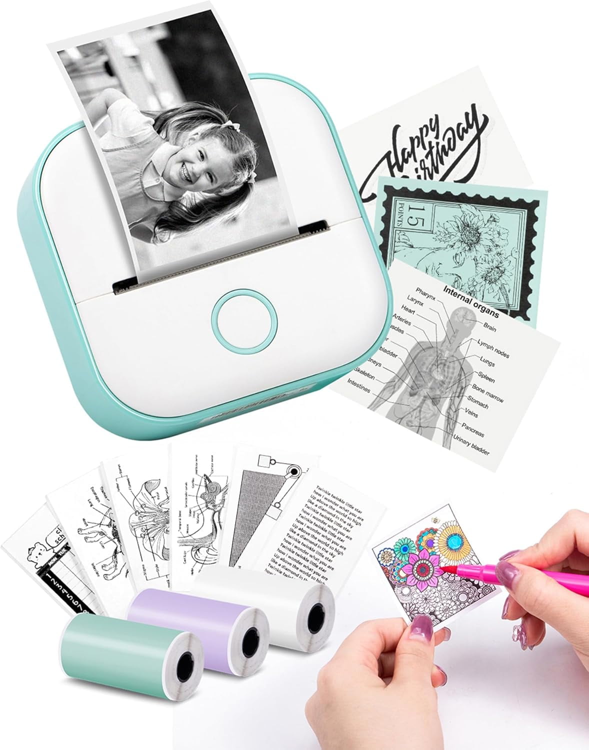Mini Sticker Printer - T02 Mini Printer Portable Thermal Printer Inkless Sticker Maker Machine Bluetooth Pocket Printer Phone Printer for Study Graphics, Anatomical Diagrams
