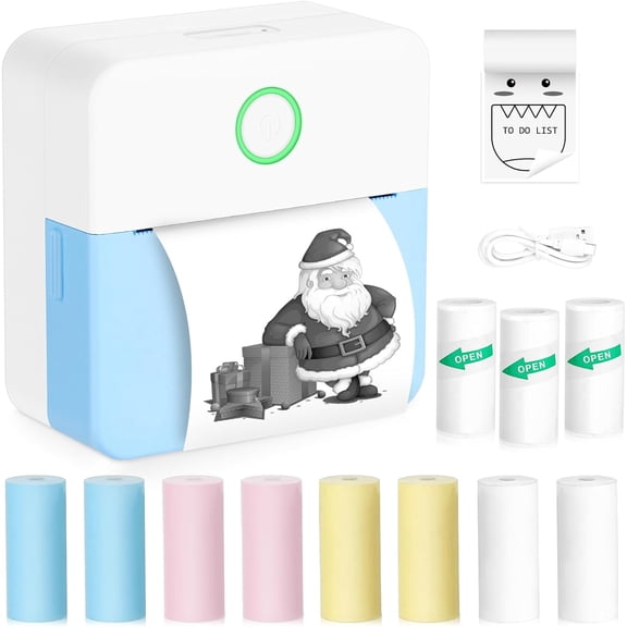 Mini Sticker Printer with 11 Rolls Paper, Pocket-Sized Inkless Printer for Photo, Memo, Travel (Blue)