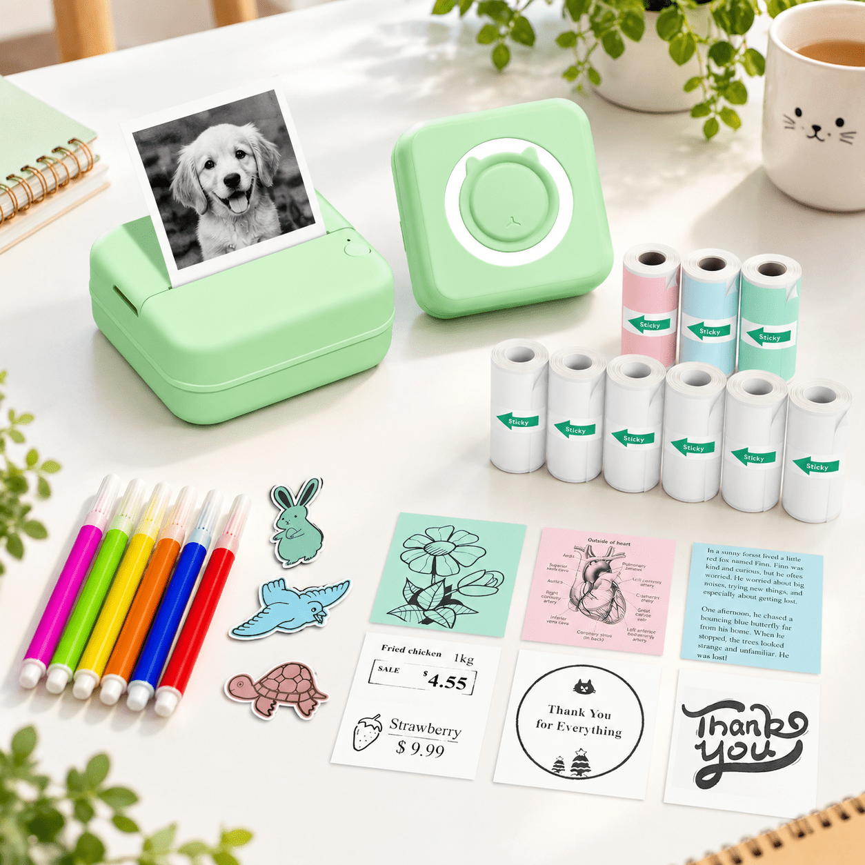 Mini Sticker Printer with 14 Rolls Self-adhesive Thermal Papers, Green ...