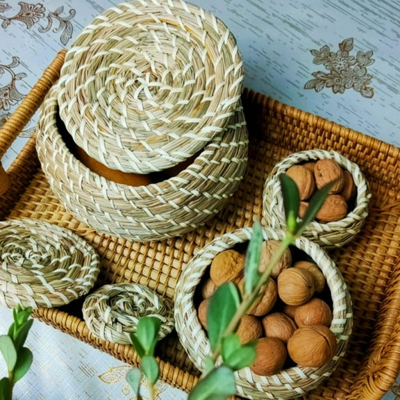 Mini Straw Hand Woven Storage Baskets with Lids Round Small Box Desktop Storage Basket Bathroom Desktop Kitchen Toy Storage Bin