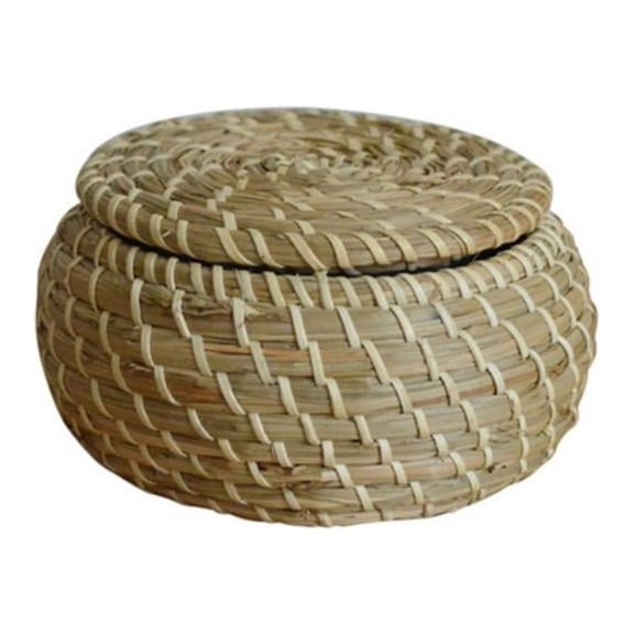 Mini Straw Hand Woven Storage Baskets with Lids Round Small Seagrass Box Desktop Storage Basket Bathroom Desktop Kitchen Toy Storage Bin