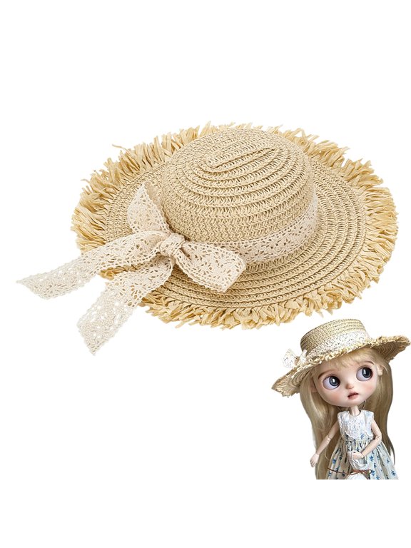 Mini Straw Hats Crafts 3.4 Inch in Diameter Beige Color Tiny Straw Small Hats with White Bowknot Small Cowboy DIY Decorations Knitting