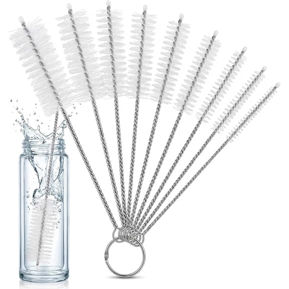 Mini Straw & Pipe Cleaning Nylon Brushes | 10 Brush Set | 8 inch Length | Flexible, Non-Scratch, Rust-Resistant Steel Handle | Reusable Straws, Pipes, Tubes, Mini Bottles etc