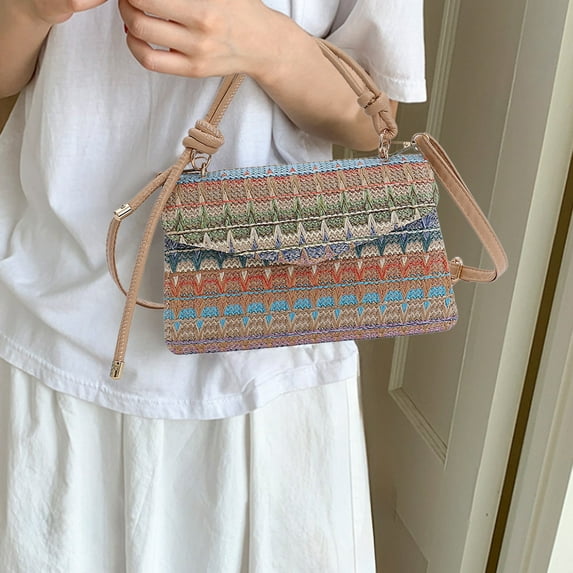 Mini Straw Woven Crossbody Shoulder Bag | Contrast Color Striped Handbag | Waterproof Lightweight Plastic Purse | Spacious Organizer | 23x13x5cm | Light Blue Purple Pink Khaki