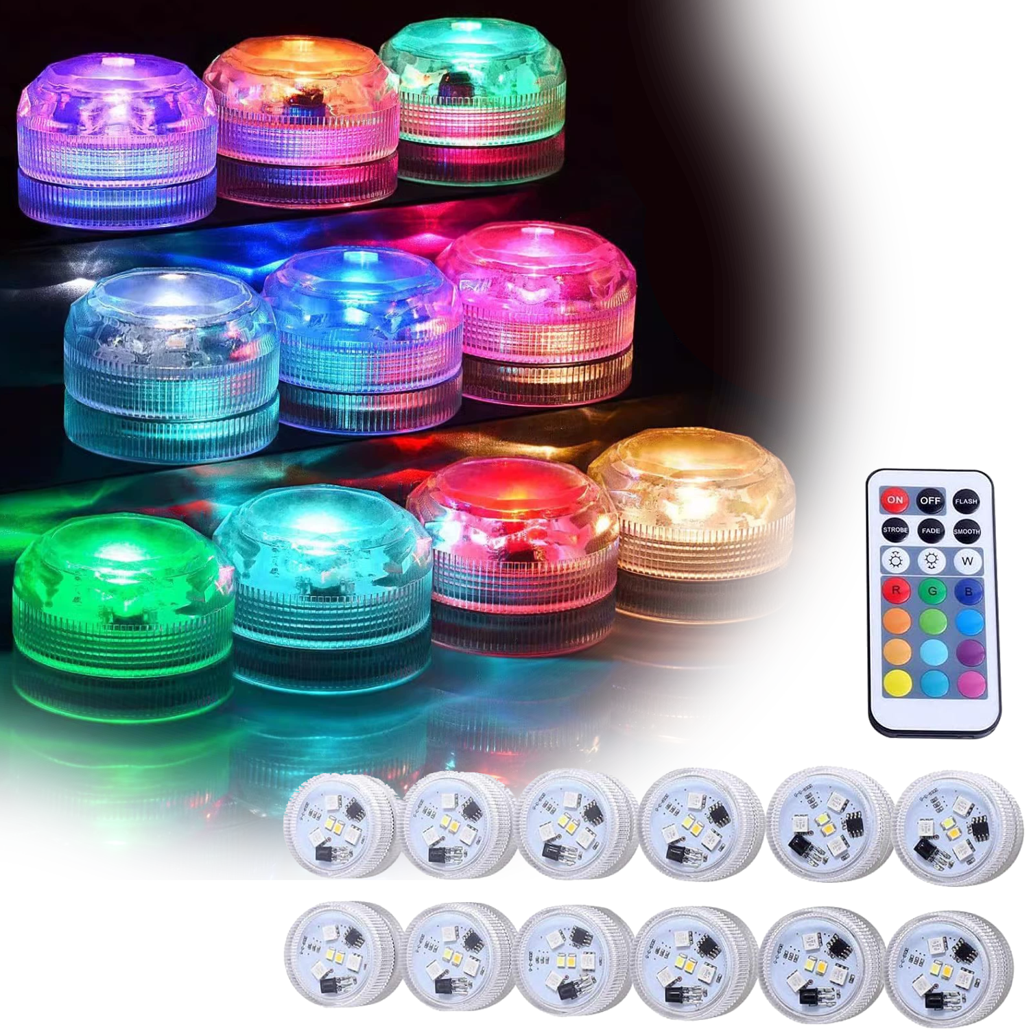 12 Pack Mini Submersible LED Lights with Remote,1.18 in Multicolor LED Tea Lights,Battery Operated Remote Control Tea Lights for Pool Pond Decoration
