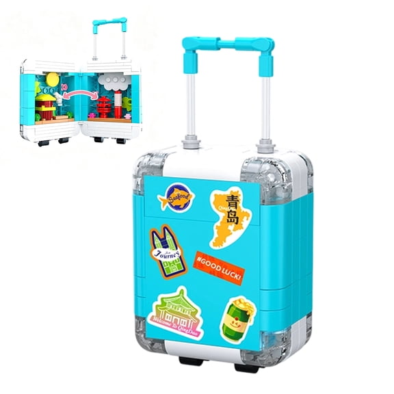 Mini Suitcase Building Blocks Set, Vibrant Sticker-Style Bricks with Hidden Qingdao Skyline, 136pcs Fun Desk Decor GiftS (Small, stickers + mini skyline)