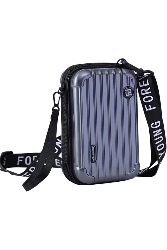 Women's Dark Gray Vertical Striped Hard Shell Crossbody Bag, Mini Suitcase Shape PVC Shoulder Purse