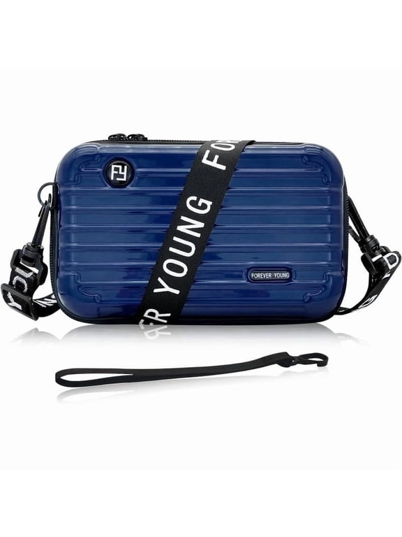 Unisex Navy Blue Vertical Striped Hard Shell Crossbody Bag, Mini Suitcase PVC Shoulder Purse
