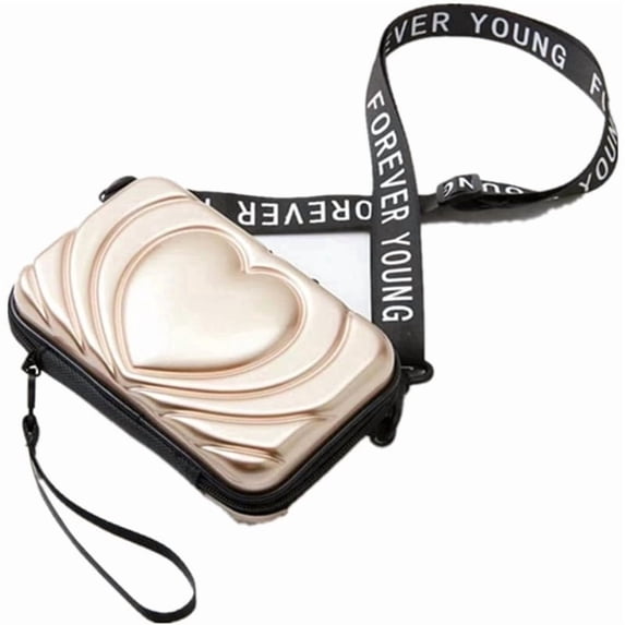 Alikpop Women's Champagne Gold Heart-Shaped Geometric Hard Shell Crossbody Bag, Mini Suitcase PVC Shoulder Purse