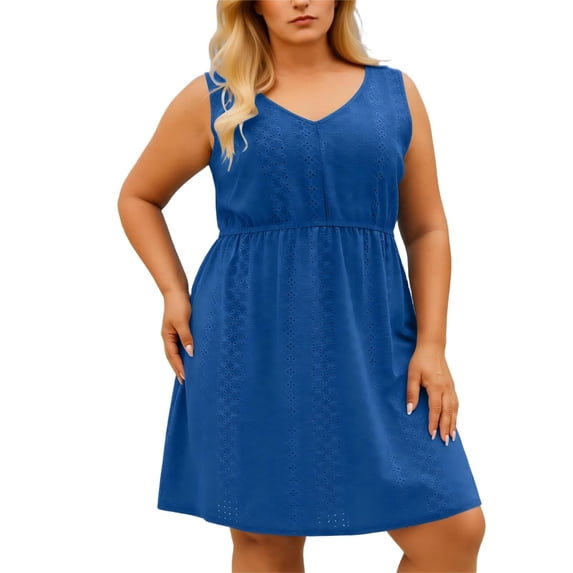 Mini Sundresses Womens Plus Size Summer Short Dresses Casual Sleeveless V Neck Eyelet Solid Beach Vacation Flowy Tank Dress