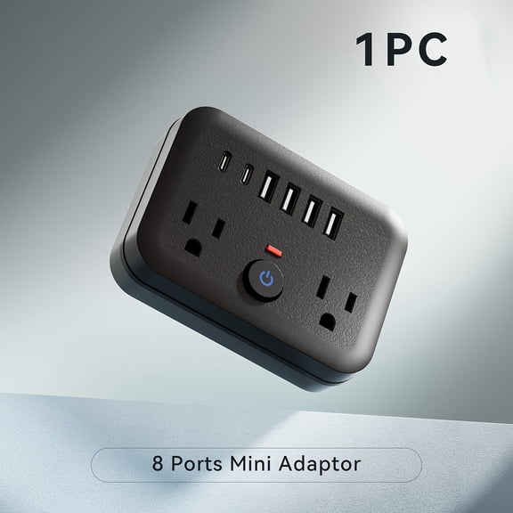 Mini Surge Protector Power Strip: 8-in-1 with 2 AC Outlets, 4 USB Ports, 2 USB-C, Overload Protection, Wall Mount, US Plug for Travel, Home, Office - Black