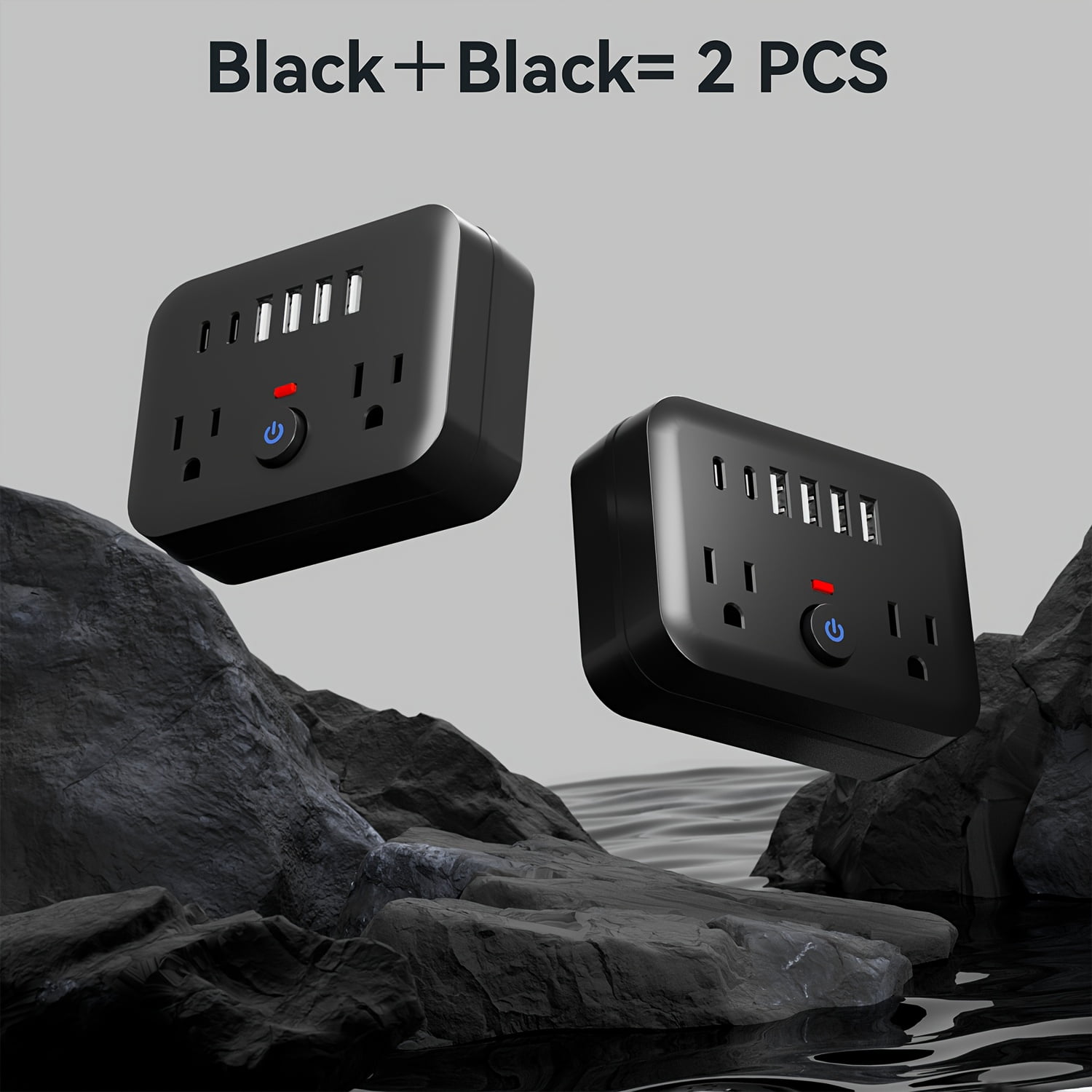 Mini Surge Protector Power Strip: 8-in-1 with 2 AC Outlets, 4 USB Ports, 2 USB-C, Overload Protection, Wall Mount, US Plug for Travel, Home, Office - Black