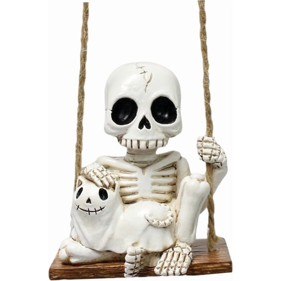 Mini Swinging Skeleton with Cat Skull Resin Statue, 2.671.883.14 Inch Spooky Halloween Tabletop Ornament, Durable Resin Halloween Decor for Desktop Bookshelf Home Office Classroom Party Display (k)