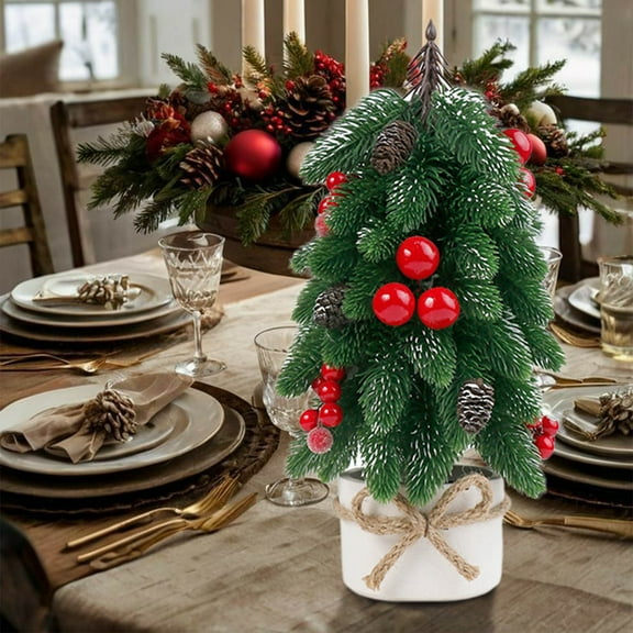 Mini Table Decoration Tree, Christmas Tree with Pinecones Berries and Base, Realistic Artificial Xmas Tree, Classic Festive Ornaments Holiday Table Centerpiece Decor for Home Indoor (1PC)