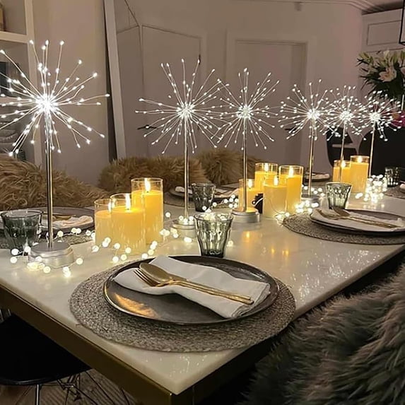 Mini Table Firework Lights, 100LED Dandelion Table Lamp with Silver Starburst Fairy Lights, Battery Operated Fireworks Table Light for Christmas Party, Bedroom, Home Décor, Holiday Table Centerpiece