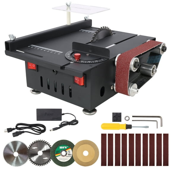 Mini Table Saw with Belt Sander, Stainless Steel Top, 4 Blades & 10 Sanding Belts, 7-Gear Adjustable 0-90° Angle, for Wood/PCB/Acrylic/Plastic DIY Crafts, Black
