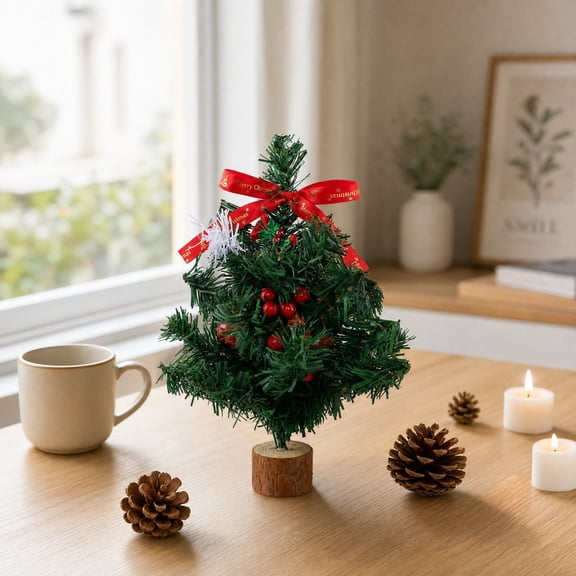 Mini Tabletop Christmas Tree, Artificial Potted Centerpiece with Red Berries, Holiday Desktop Decor for Home, Bedroom, Fireplace & Gift, Realistic Pine, Optional LED Base