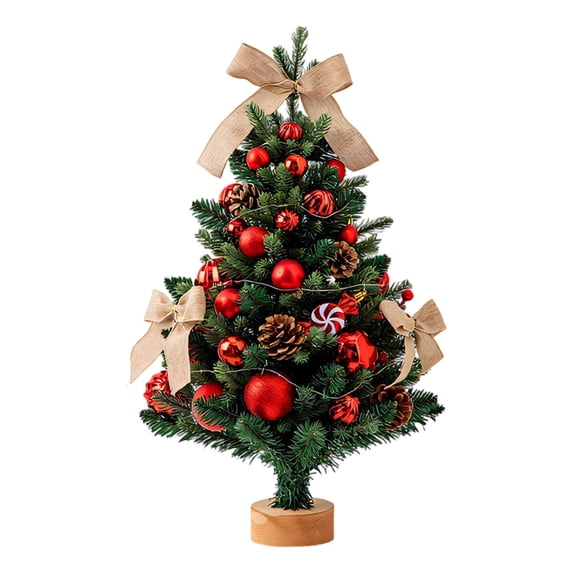 Mini Tabletop Christmas Tree Decorated Artificial Xmas Tree With Baubles Pinecones Ribbon Bows Wooden Base Indoor Holiday Decoration For Home Office Desk