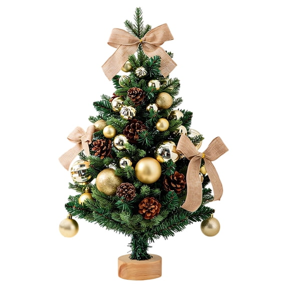 Mini Tabletop Christmas Tree Decorated Artificial Xmas Tree With Baubles Pinecones Ribbon Bows Wooden Base Indoor Holiday Decoration For Home Office Desk