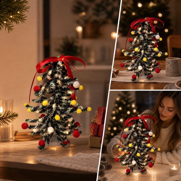 Mini Tabletop Christmas Tree, Light Up Desktop Christmas Tree with Tinsel Branches and Pom Pom Ornaments, Compact Holiday Centerpiece for Office Desk Shelf Home Decor