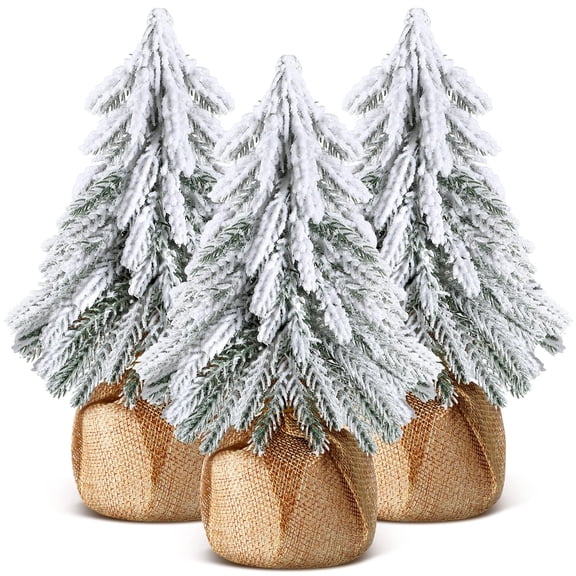 3 Pcs Snow Tabletop Christmas Trees, Snow Flocked Mini Tabletop Pine Trees with Wooden Base,Artificial Desk Christmas Trees for Xmas Holiday Home Party Table Decorations(22cm)