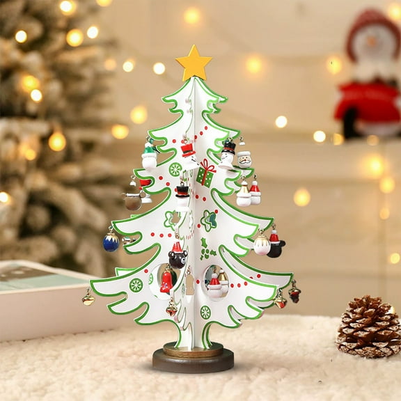 Mini Tabletop Christmas Tree Wooden 11.8In Christmas Tree Desktop Decoration Xmas Tree with Various Ornaments Holiday Party Christmas Decoration Set