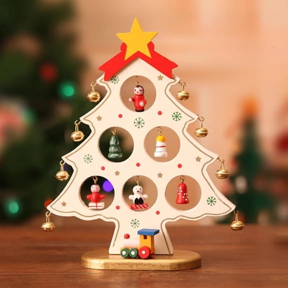 Mini Tabletop Christmas Tree Wooden 8.7In Christmas Tree Desktop Decoration Xmas Tree with 7 Ornaments Holiday Party Christmas Decoration Set