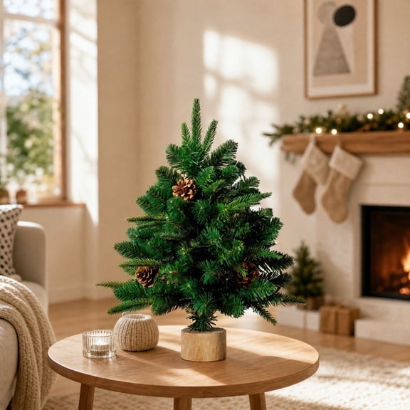 Mini Tabletop Christmas Tree with Pinecone Accents, Freestanding Plastic and Wood Holiday Decoration for Mantel or Countertop