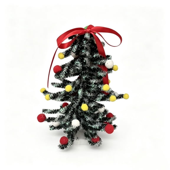 Mini Tabletop Christmas Tree with Tinsel Branches and Pom Poms, Festive Holiday Desk Decor for Home Office and Small Spaces