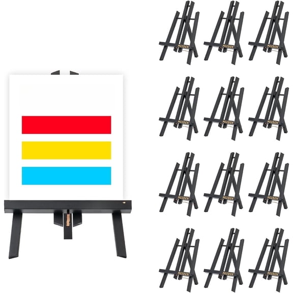 Mini Tabletop Easel Stand: 12" x 12 Pack Pine Table Top Display Stand for Sign Picture- Black Mini Wooden Easel for Painting Party Classroom