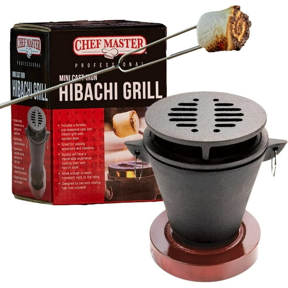 Mini Tabletop Fire Pit and Cast Iron Hibachi Grill Pan, Camping Tabletop Fire Pit Indoor & Outdoor Grill for Smores, BBQ, Smores Maker, Smokeless Firepit, Portable Mini Japanese Grill by Chef Master
