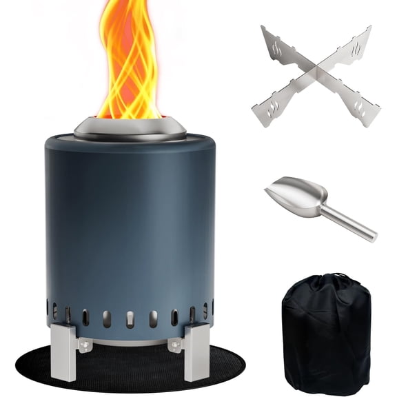 Mini Tabletop Fire Pit with Pan Stand, Portable Stainless Firepit Stove for Camping, Burns Pellets or , Includes Travel Bag, Blue