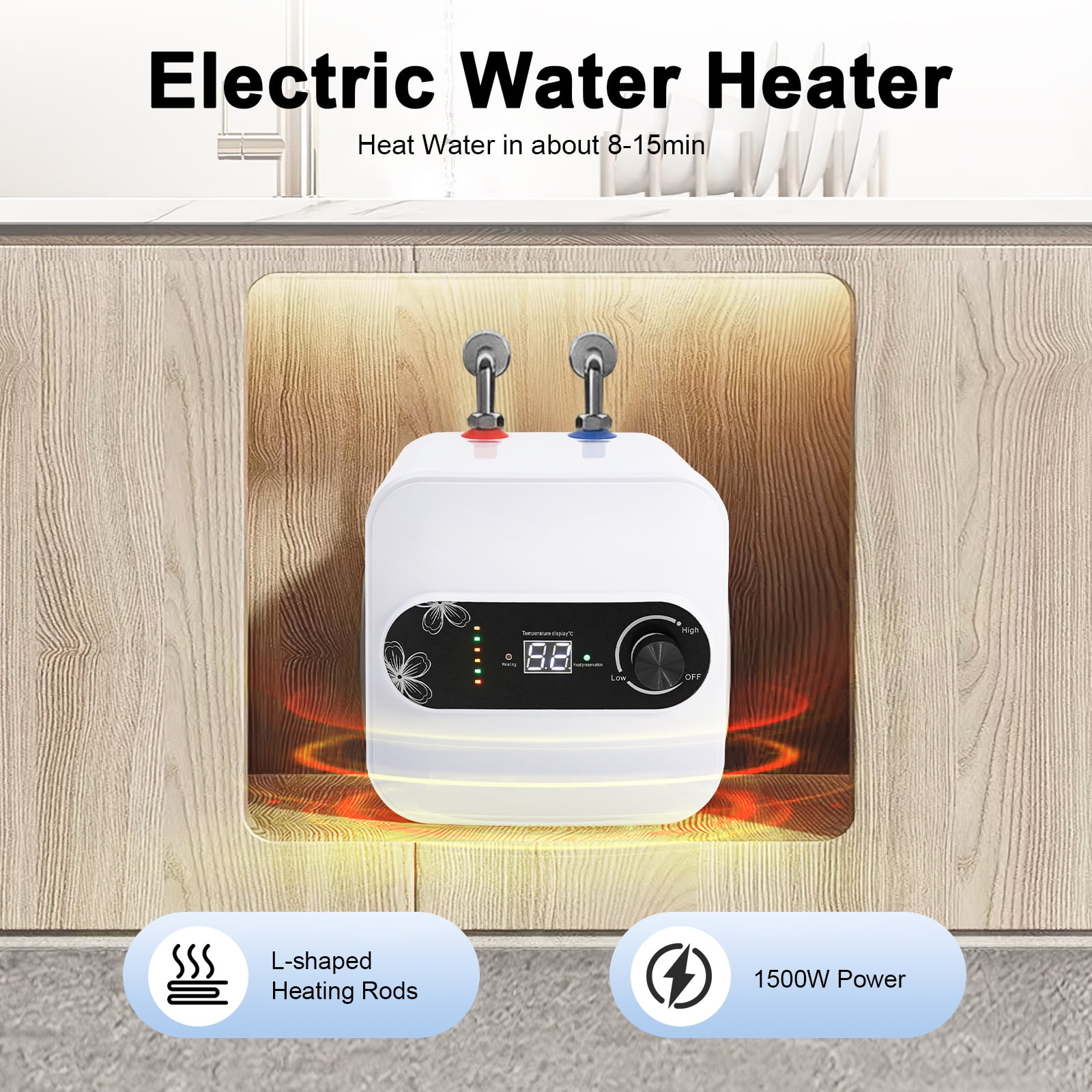 Mini-Tank Electric Water Heater, 8L/2.1Gal, Instant Hot Water, Compact & Energy Efficient for Kitchen, Bathroom, RV, 110V, 1500W, Vertical Design