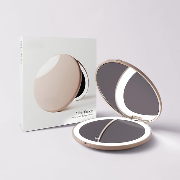 Mini Taylor Compact Magnifying Mirror with LED Light, 10x/1x, Rechargeable, 3 Light Settings, Dimmable - Small Lighted Travel Handheld Mirror for Pocket, Handbag, Purse, 2-Sided (Beige)
