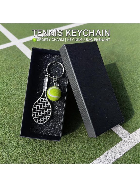 Mini Tennis Racket Keychain Flocking Tennis Ball Key Ring, Metal Sports Bag Charm Pendant Gift for Tennis Player Tennis Lovers Birthday Gift Box Packaging
