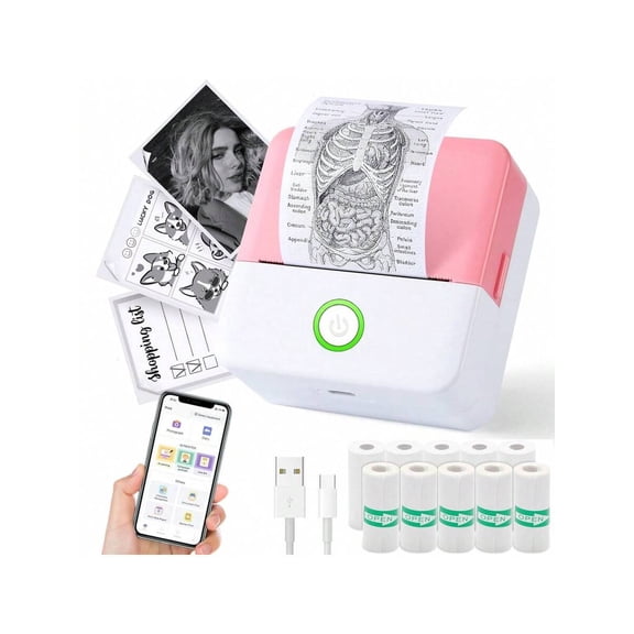 Mini Thermal Label Printer, Includes 3 Rolls Of Paper, Portable Wireless Inkless Printer, Compact Pocket Printer For Printing Images, Photos, Journals, Suitable For Back To School DIY