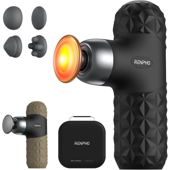 Mini Thermal Massage Gun with Heat, Portable Deep Tissue Percussion Massager with 4 Attachments, Ultra-Quiet, Gray and Black