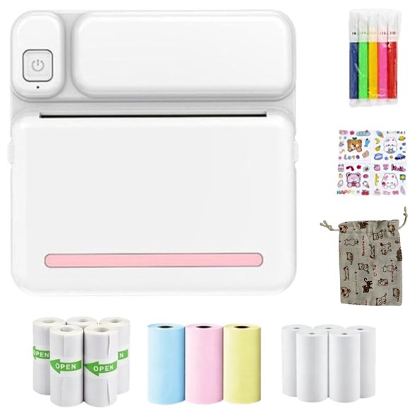 Mini Thermal Pocket Printer, Bluetooth Inkless Sticker Printer for Phone with 1 Roll Sticker Paper & Watercolor Pens, Portable Label Maker for Study Notes Journal Scrapbook DIY