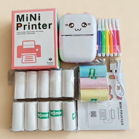 Mini Thermal Printer with 13 Rolls Paper - USB Rechargeable Lithium Battery, Wireless Connectivity | Portable Compact Design, Monochrome Photo & Label Printing | Ideal for Travel & Home Use